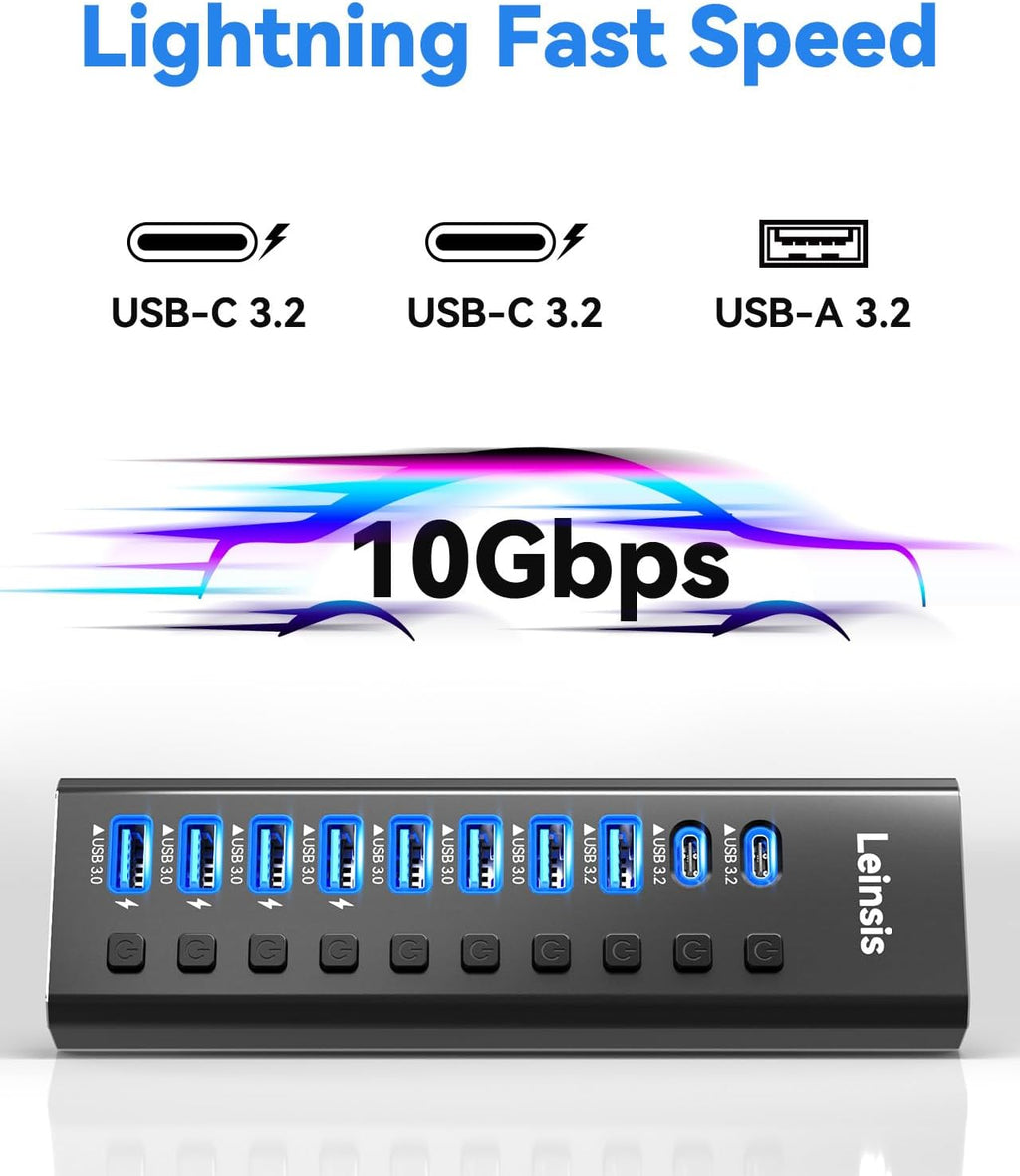 Leinsis, KZW-U10217B, hub USB 3.2 de 10 puertos, alimentado