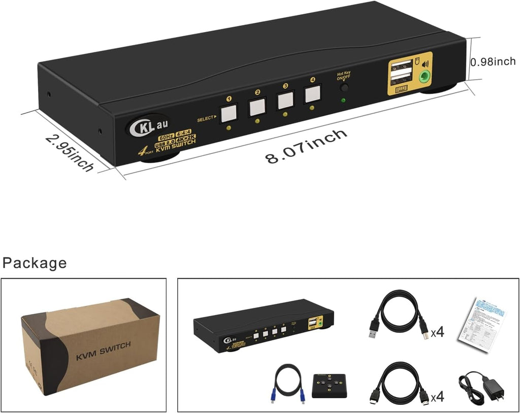 Conmutador KVM HDMI de 4 puertos con audio y 4 cables de kit, 4 puertos HDMI KVM Soporte 4K@60Hz 4:4:4, EDID, conmutación de teclas de acceso rápido