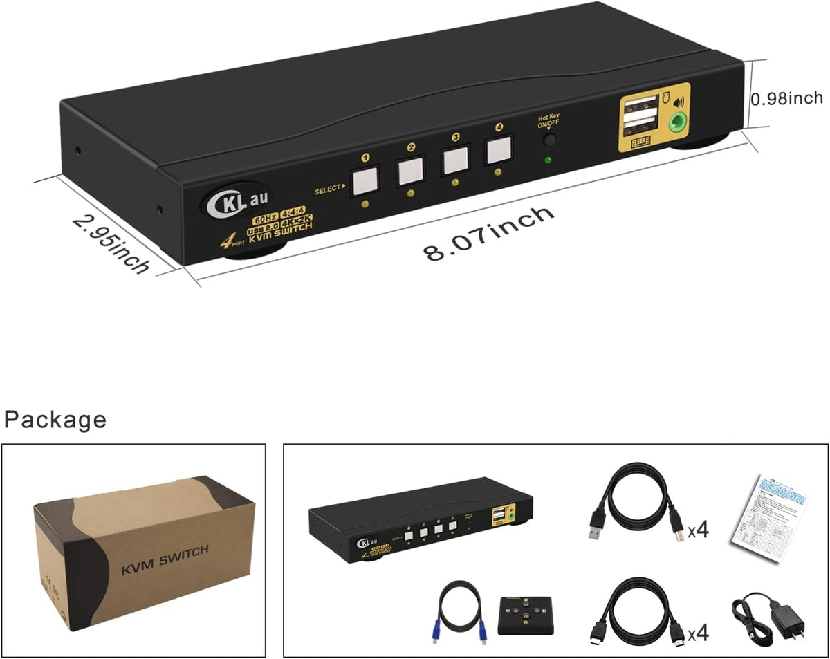 Conmutador KVM HDMI de 4 puertos con audio y 4 cables de kit, 4 puertos HDMI KVM Soporte 4K@60Hz 4:4:4, EDID, conmutación de teclas de acceso rápido