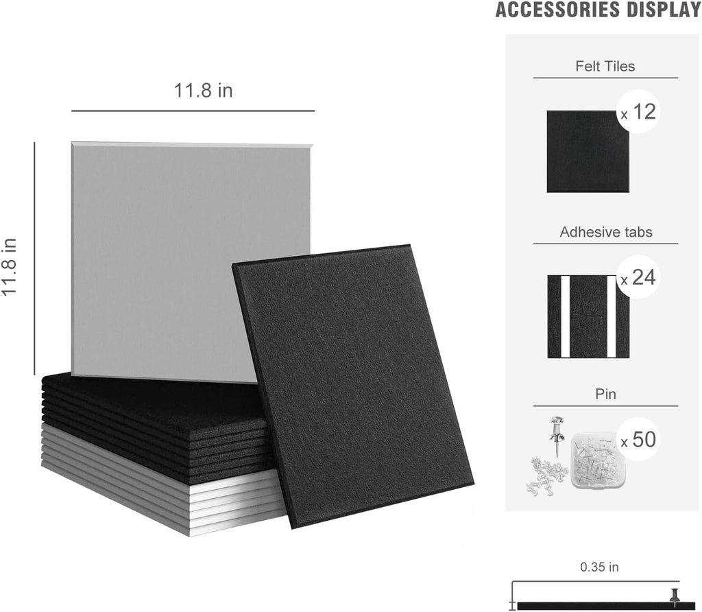 TSJOFFICE - Tablero de corcho grande para pared, tablero de anuncios de 48 x 36 pulgadas con 50 pasadores para decoración de oficina, tablero de alfileres, paquete de 12 azulejos de pared de fieltro