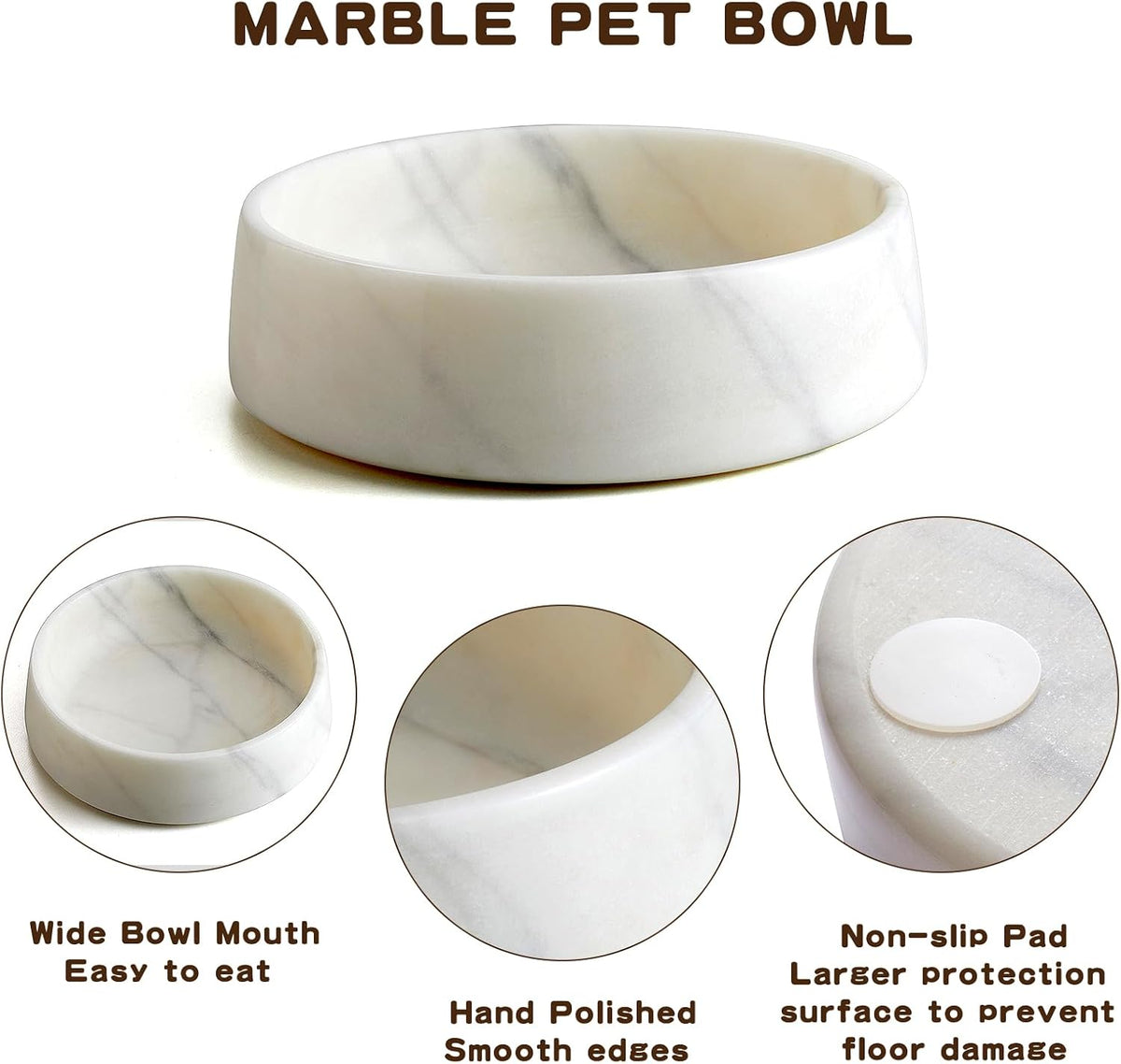 SAMAH Cuenco de mármol blanco para perros, cuenco antideslizante para alimentos y agua, plato pequeño de piedra pesada, cuenco pesado de mármol natural para mascotas, fácil de limpiar, regalos para