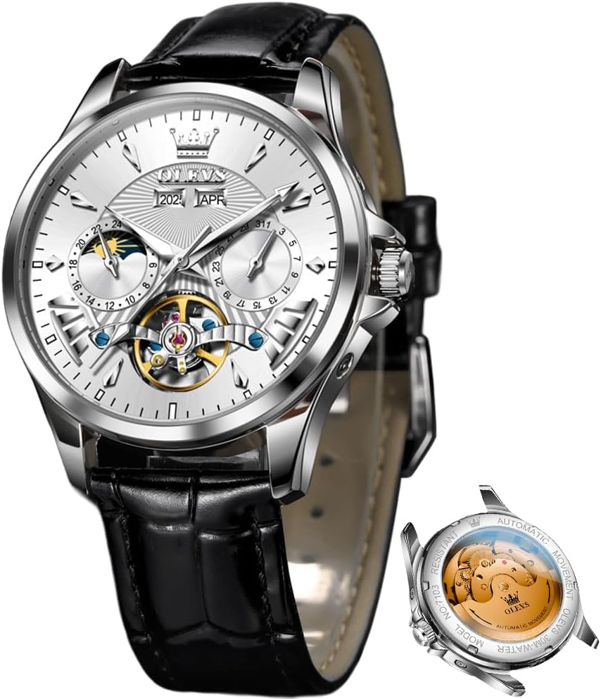 OLEVS - Relojes automáticos para hombre, multicalendario, con fase lunar, 3ATM impermeable, reloj de lujo clásico para negocios, de pulsera
