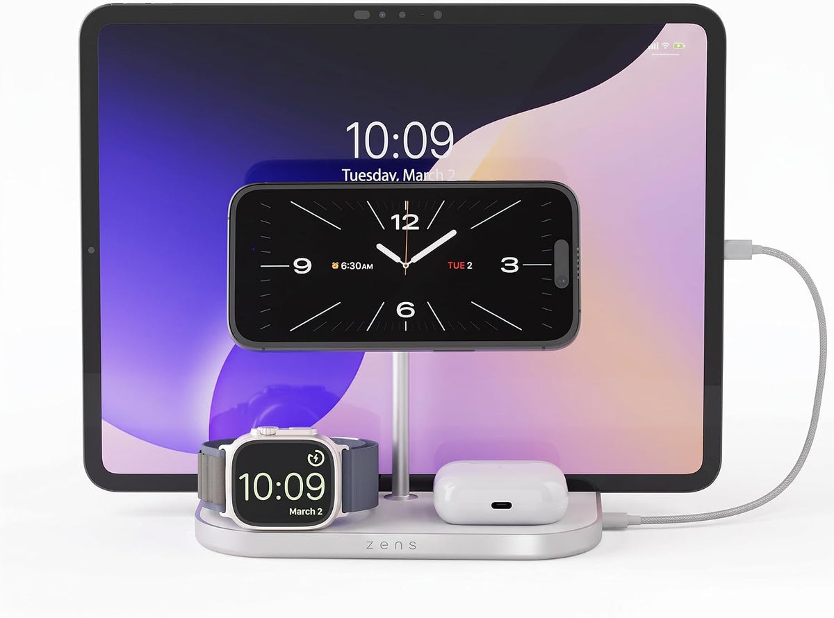 Zens Cargador inalámbrico 4 en 1, compatible con MagSafe y Qi2, carga inalámbrica ultrarrápida de 15 W para Apple iPhone 16/15/14/13/12, Apple Watch, AirPods, incluye adaptador de corriente (blanco)