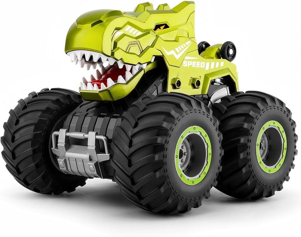 pinkking Monster Truck Toys - Camión de dinosaurio a control remoto con luces, sonido y aerosol, camión RC 1:18 con giros de 360° y derrape, vehículo de control remoto 4WD con carga USB Type-C para niños