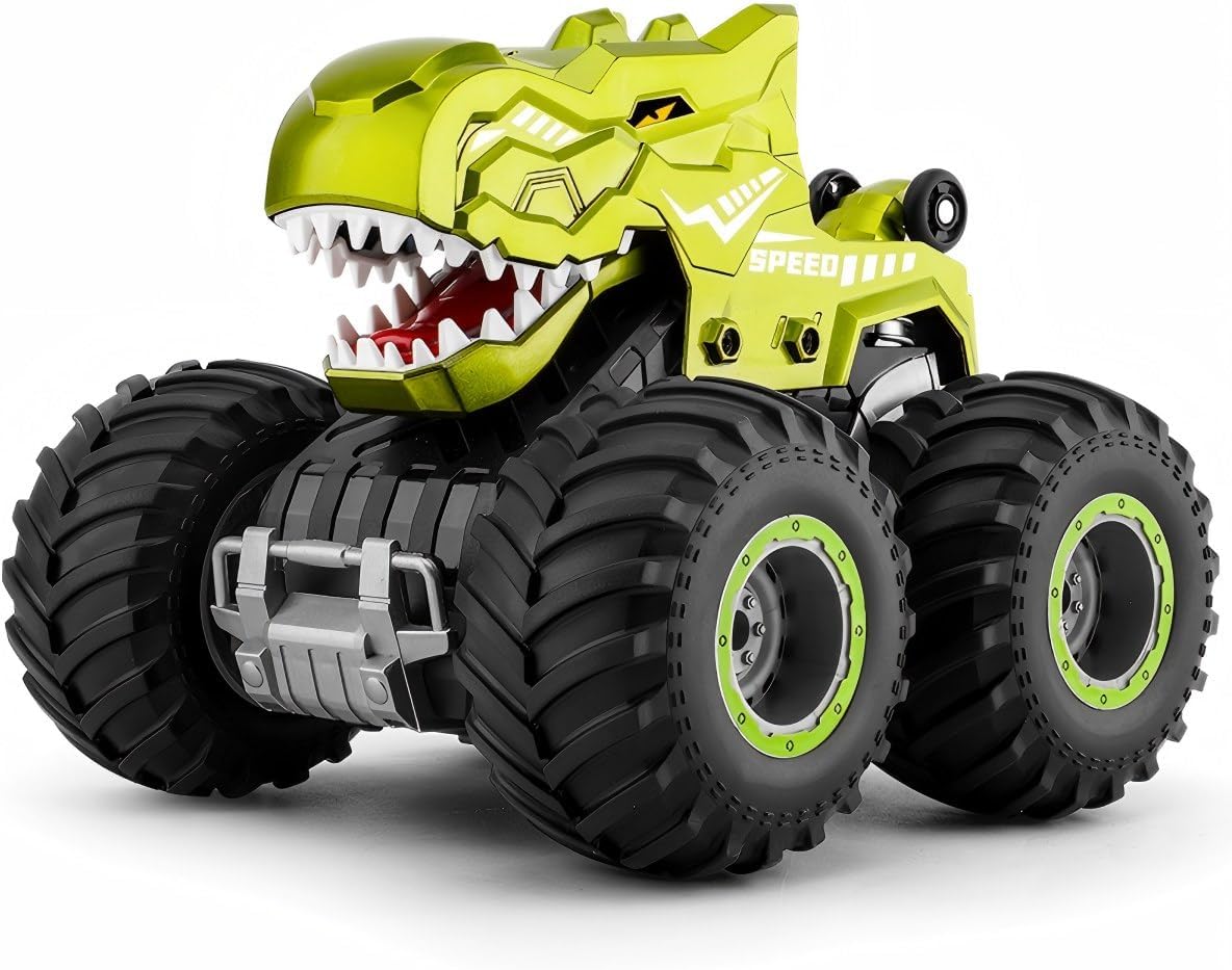 pinkking Monster Truck Toys - Camión de dinosaurio a control remoto con luces, sonido y aerosol, camión RC 1:18 con giros de 360° y derrape, vehículo de control remoto 4WD con carga USB Type-C para niños
