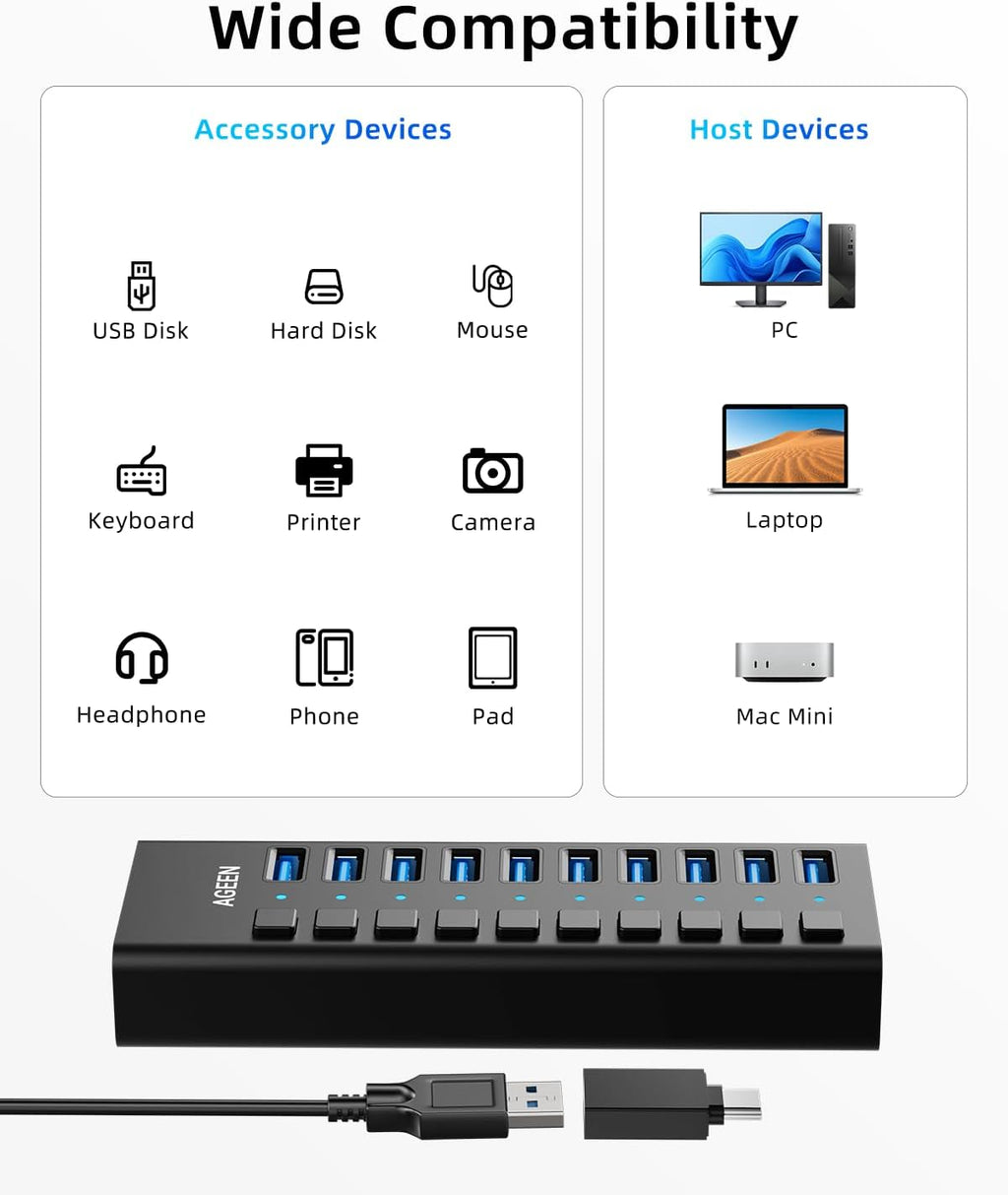 AGEEN, hub USB 3.2 de 10 puertos, alimentado, adaptador 12V/4A