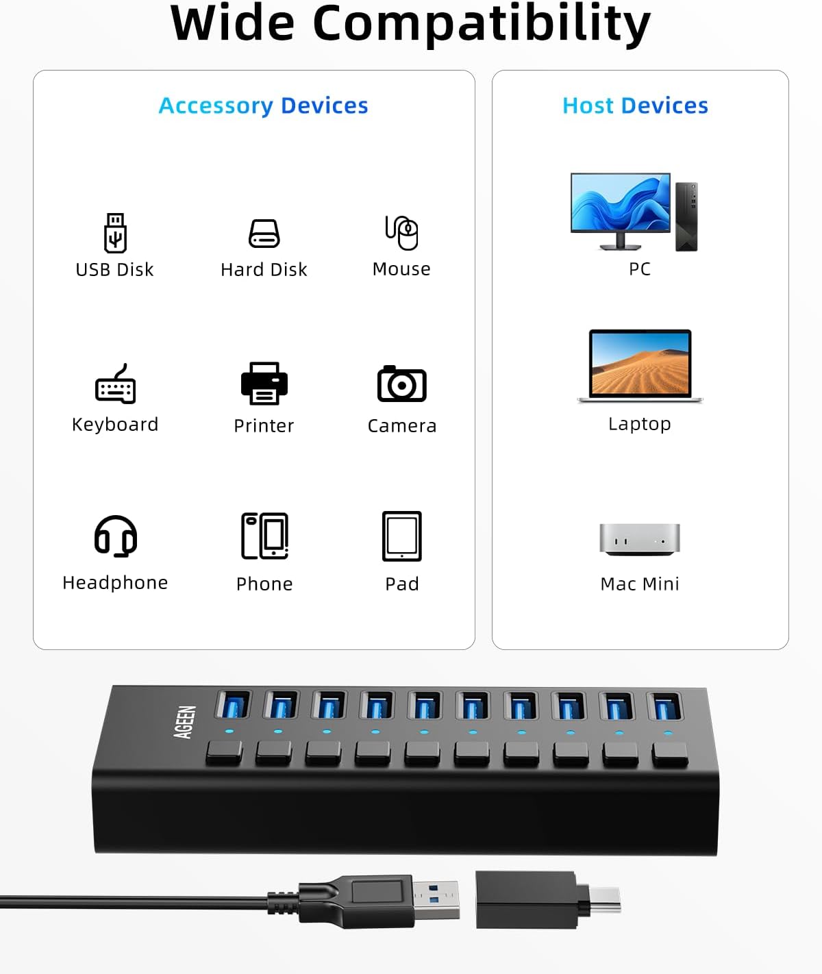AGEEN, hub USB 3.2 de 10 puertos, alimentado, adaptador 12V/4A