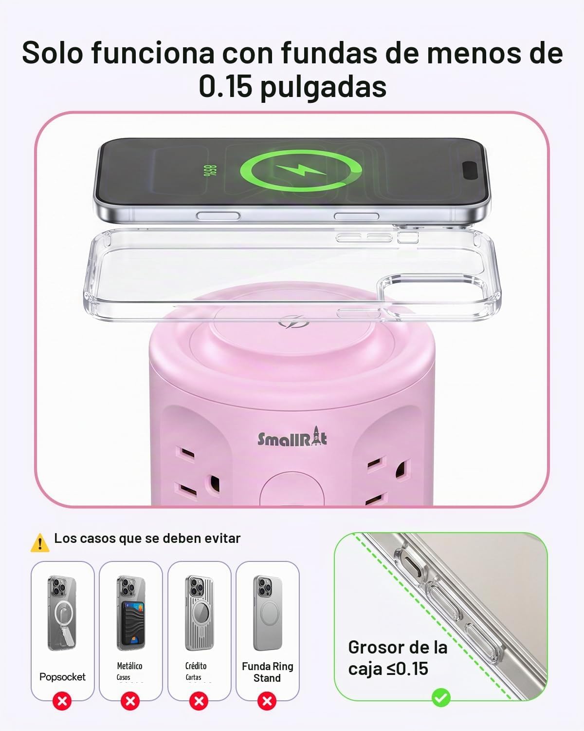 Regleta de alimentación con puertos USB, cable de extensión con múltiples salidas (12AC+3A+2C), estación de carga de torre de escritorio rosa de 6.5 pies para el hogar, oficina, dormitorio