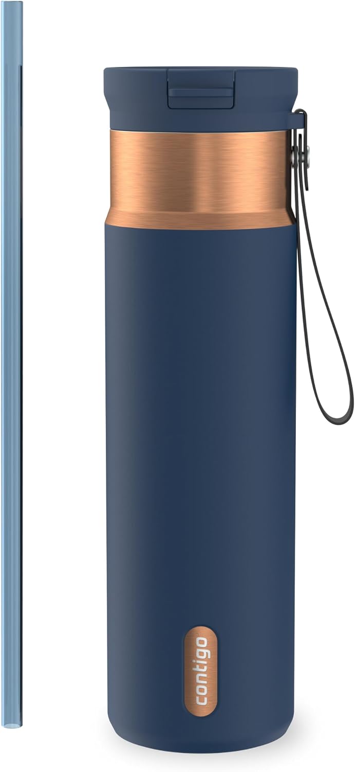 Contigo SnapSeal - Botella de agua de acero inoxidable de 24 onzas aislada al vacío con tapa de cierre automático a prueba de fugas, correa de transporte y popote reutilizable, sin BPA y sin plomo