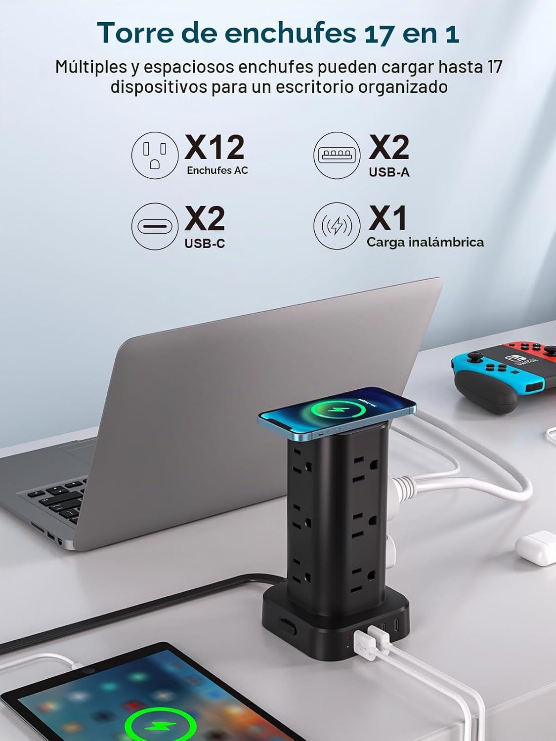 Regleta de alimentación con cargador inalámbrico, protector de sobretensiones de enchufe plano con cable de extensión de 6 pies, 12 tomas de corriente alterna múltiples, 4 USB (2 USB C), torre de
