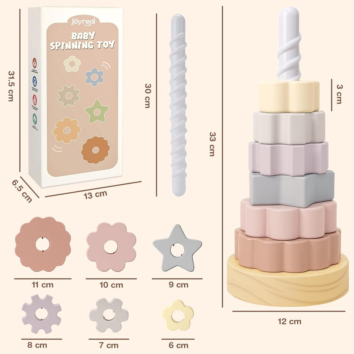 Joyreal Wooden Spinning Stacking Toys, Neutral Ring Stacker Montessori Toys para Toddlers 1-3, Christmas Birthday Gifts para Boys Girls