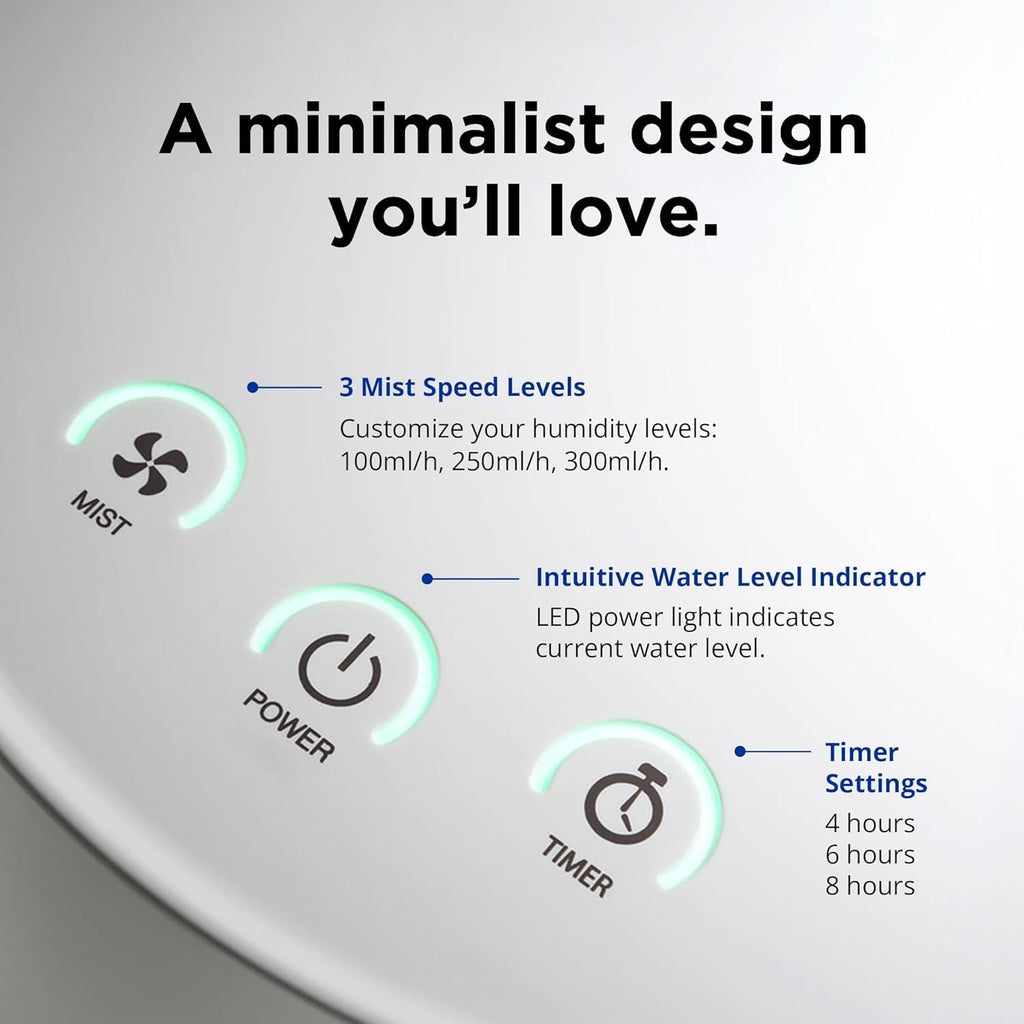 Carepod One - Humidificador ultrasónico de acero inoxidable 31S, silencioso, fácil de limpiar para habitaciones grandes, 1 galón (4 litros), solo 3 piezas lavables, apagado automático