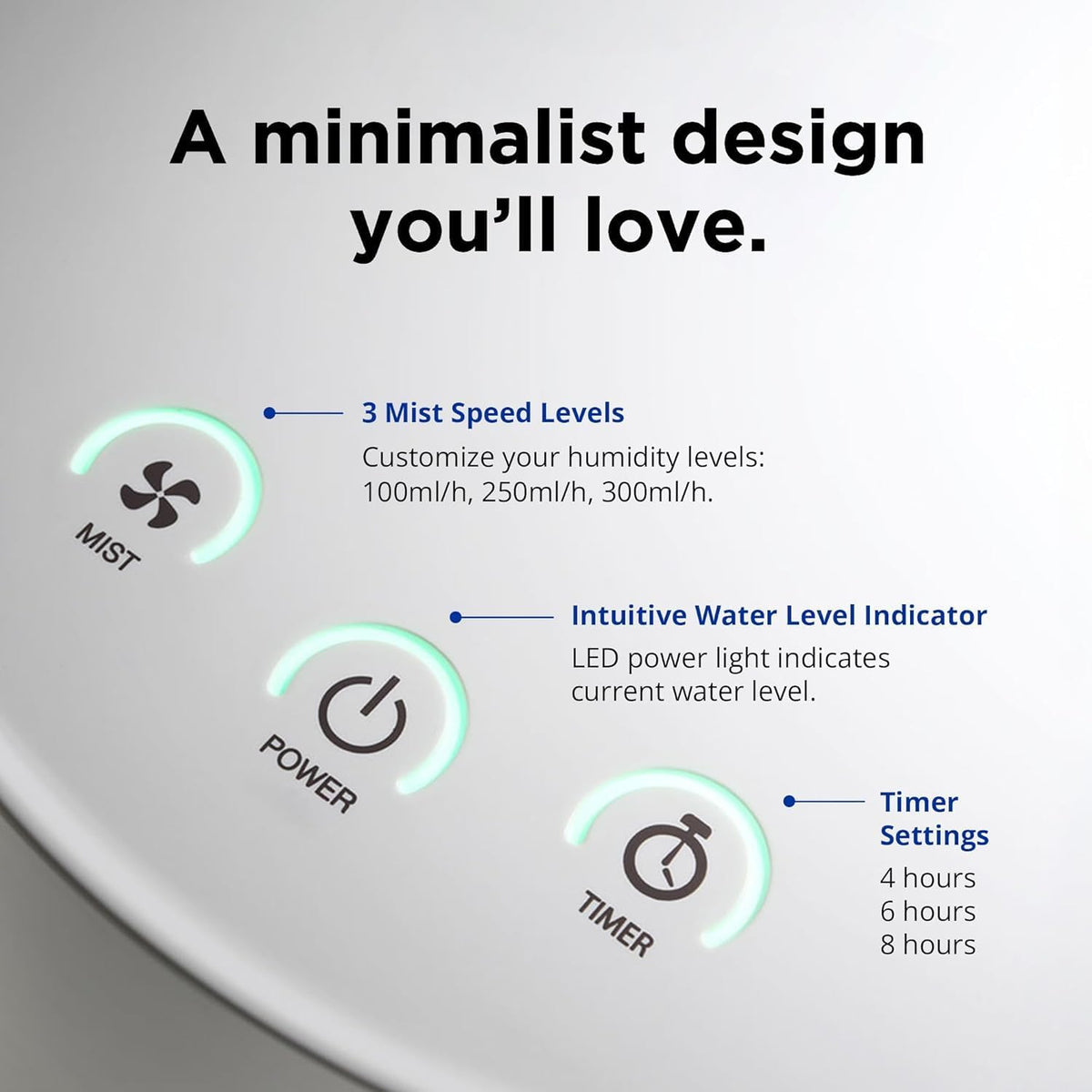 Carepod One - Humidificador ultrasónico de acero inoxidable 31S, silencioso, fácil de limpiar para habitaciones grandes, 1 galón (4 litros), solo 3 piezas lavables, apagado automático
