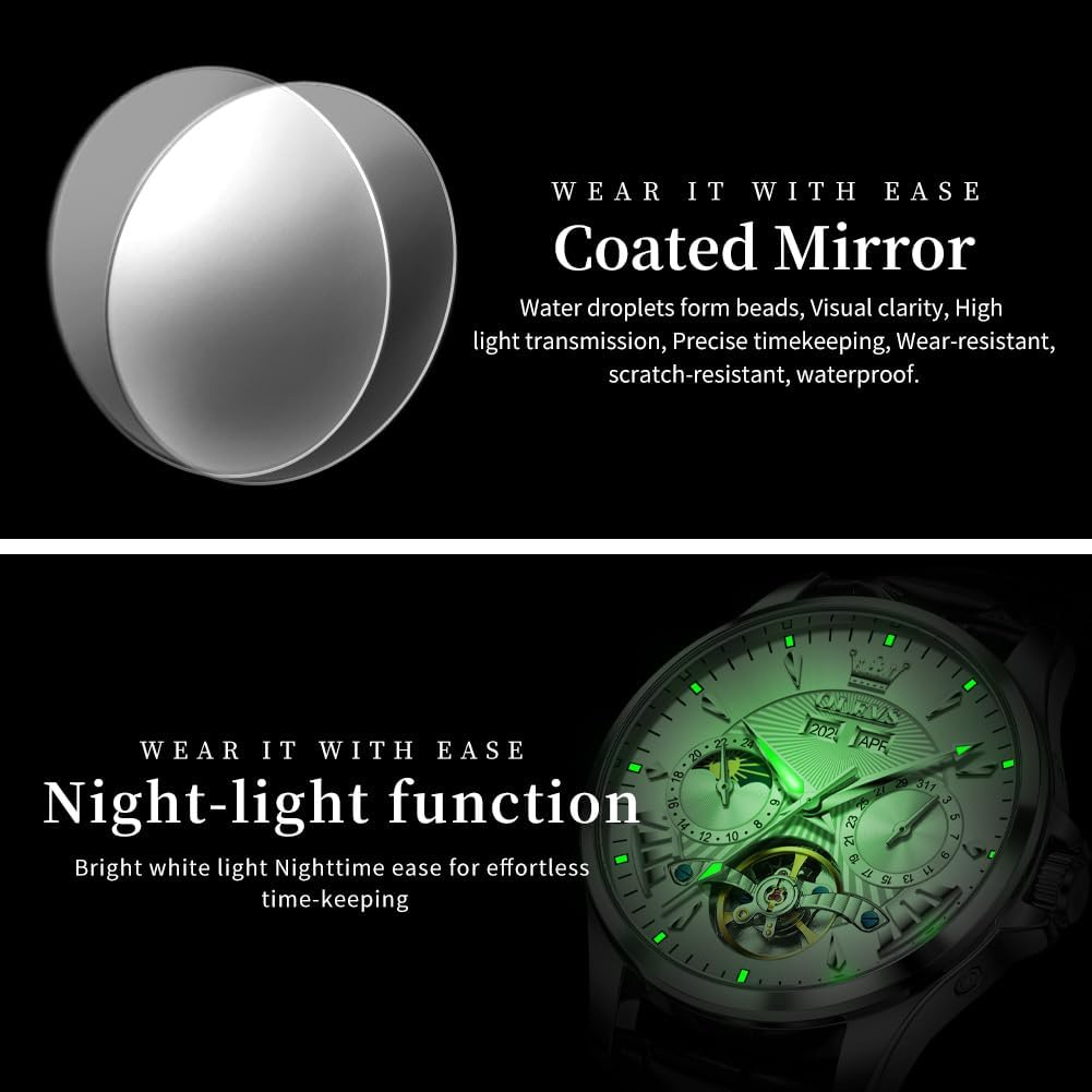 OLEVS - Relojes automáticos para hombre, multicalendario, con fase lunar, 3ATM impermeable, reloj de lujo clásico para negocios, de pulsera