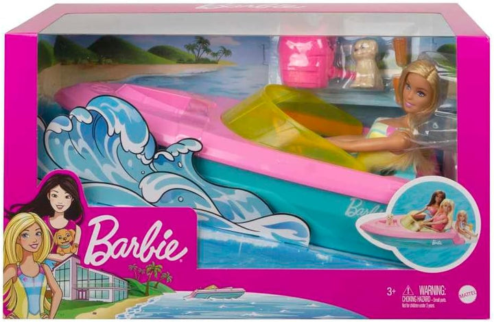 Muñeca Barbie y juego de barco con cachorro, chaleco salvavidas y a...