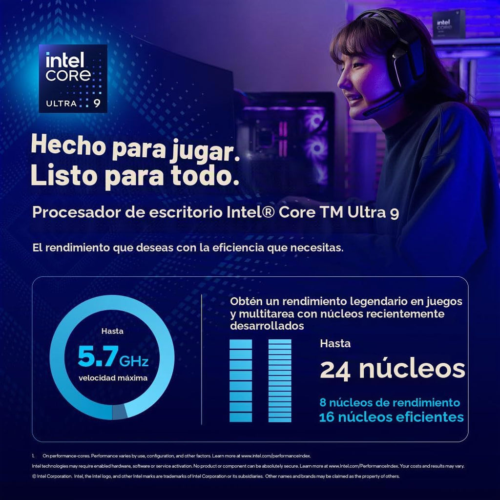 Intel®Procesador Core™Ultra 9 285K 24 núcleos (8 núcleos P + 16 núcleos E) hasta 5.7 GHz