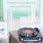 Tocadiscos Bluetooth 7 en 1 con altavoces estéreo, tocadiscos para vinilo a MP3 con reproducción de cassette, radio AM/FM, control remoto, codificación USB/SD, conector de salida de música de
