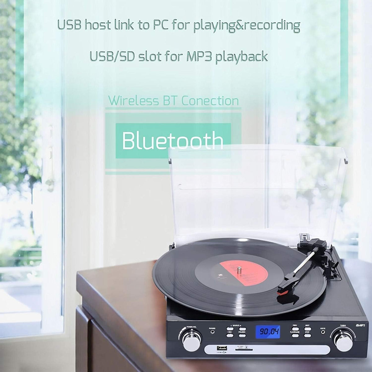 Tocadiscos Bluetooth 7 en 1 con altavoces estéreo, tocadiscos para vinilo a MP3 con reproducción de cassette, radio AM/FM, control remoto, codificación USB/SD, conector de salida de música de