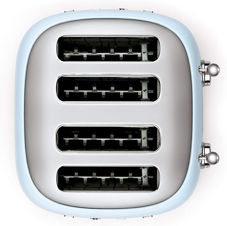 SMEG Tostadora TSF03 de 4 rebanadas, tostadora retro de acero inoxidable con ranuras anchas para bagels, 6 niveles de tostado, funciones de bagel de recalentamiento de descongelación, controles duales