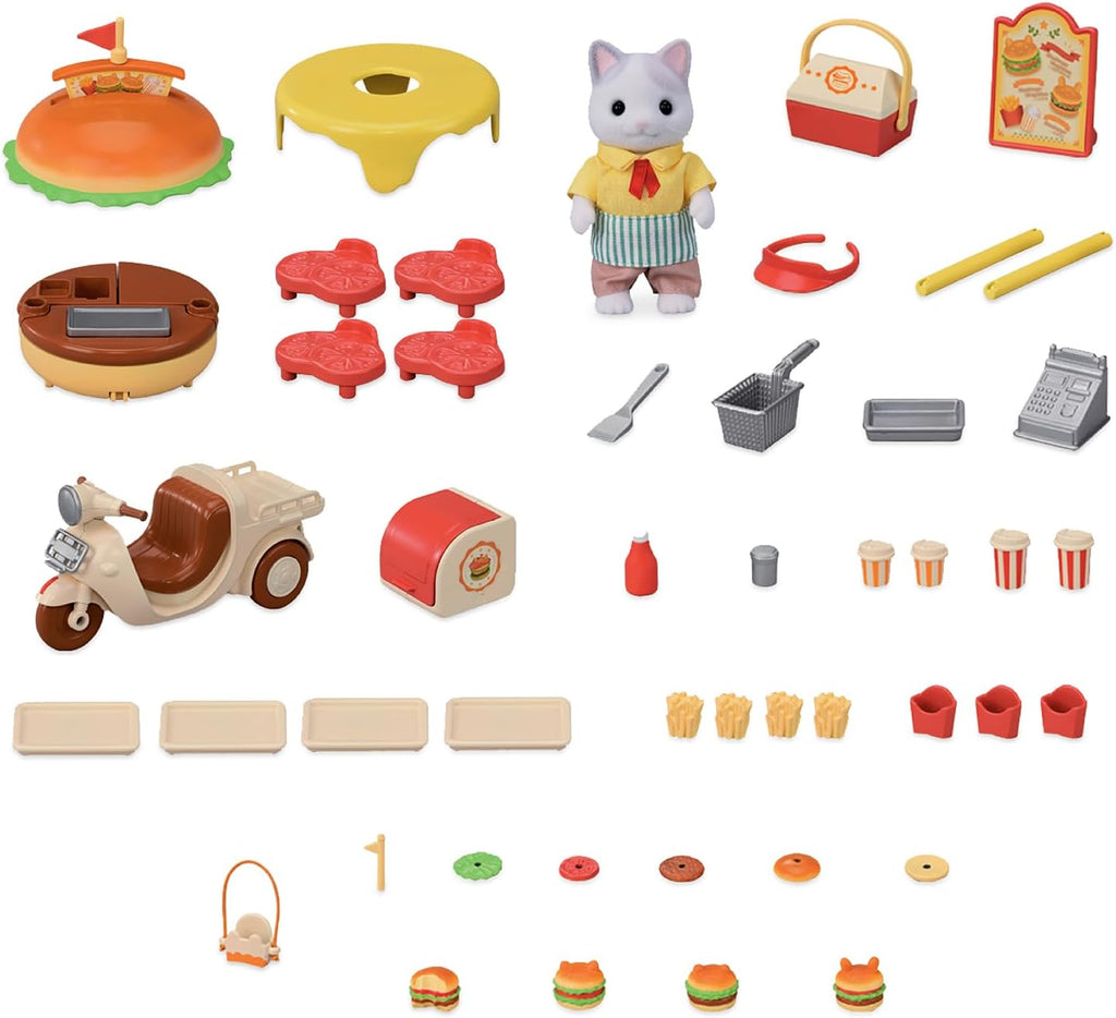 Sylvanian Families - Soporte para hamburguesas - Juego de 20 accesorios y 1 figura - Sumérgete en el mundo imaginario de la familia Sylvanian - Casas de muñecas y juguetes para niños de 3 años en