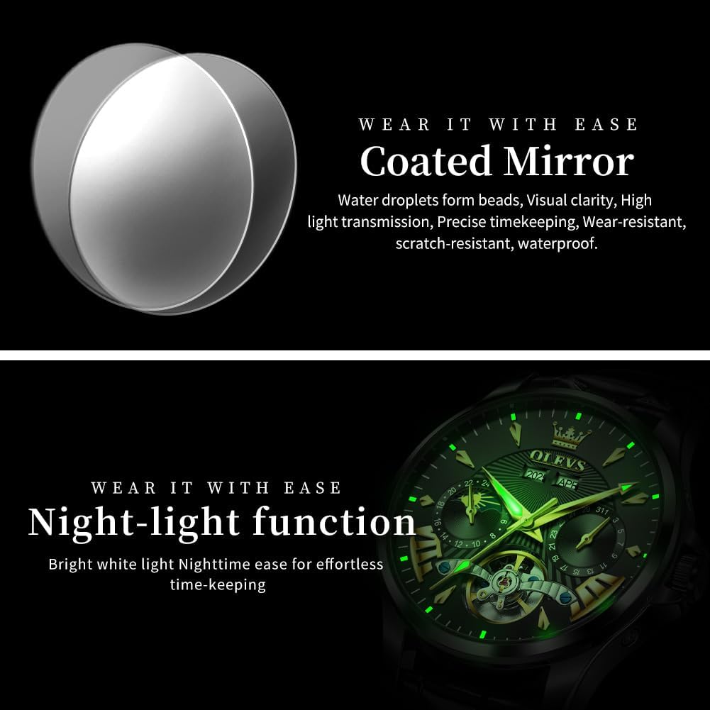 OLEVS - Relojes automáticos para hombre, multicalendario, con fase lunar, 3ATM impermeable, reloj de lujo clásico para negocios, de pulsera