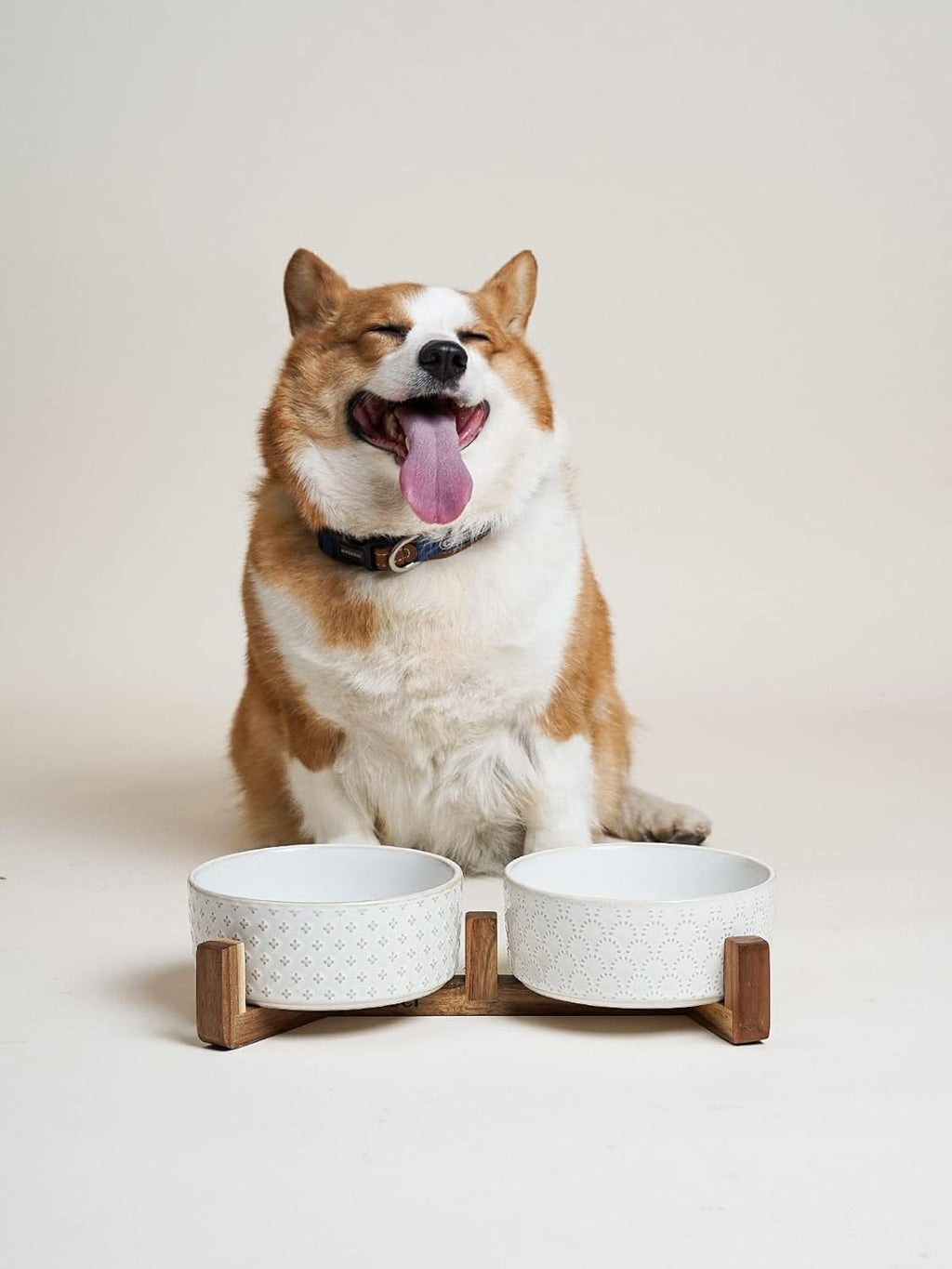 LE TAUCI Cuencos de cerámica para perros con soporte de madera de acacia, juego de alimentos y agua de 7 pulgadas para perros medianos, cuencos con peso para mascotas