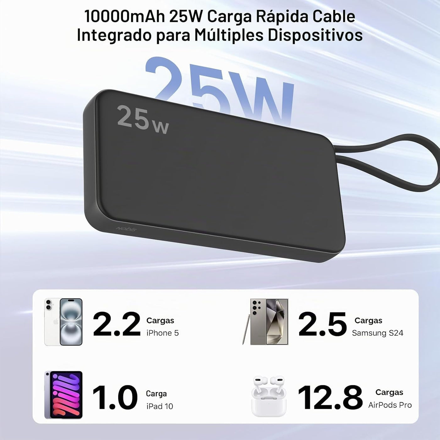 NOBIS Cargador portátil 25W 10000mAh Power Bank con cable USB-C inc...