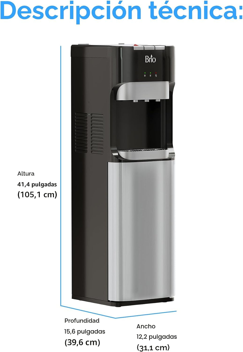 Brio Dispensador enfriador de agua con carga inferior para botellas de 5 galones - 3 temperaturas con salidas caliente, ambiente y fría, cerradura de seguridad para niños, pantalla LED con alerta de