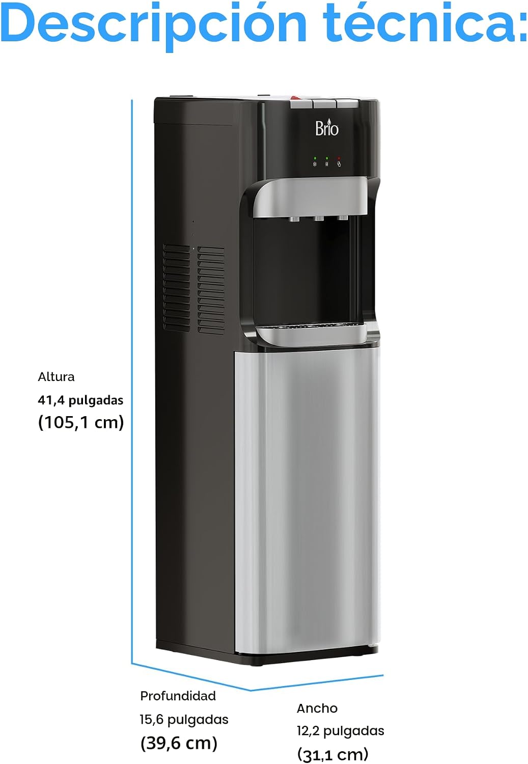 Brio Dispensador enfriador de agua con carga inferior para botellas de 5 galones - 3 temperaturas con salidas caliente, ambiente y fría, cerradura de seguridad para niños, pantalla LED con alerta de