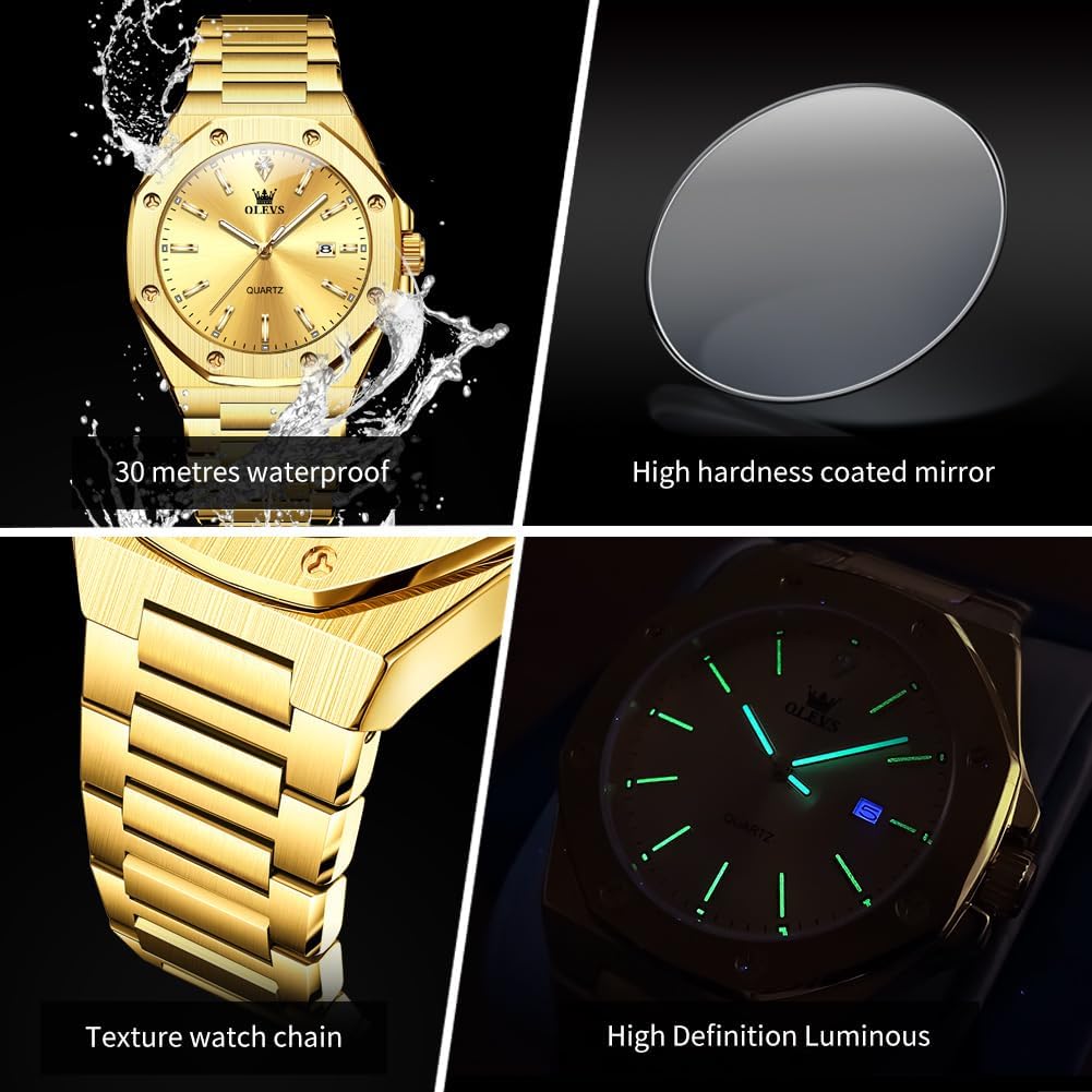 OLEVS Reloj para hombre Big Face Acero inoxidable Impermeable Luminoso Diamante