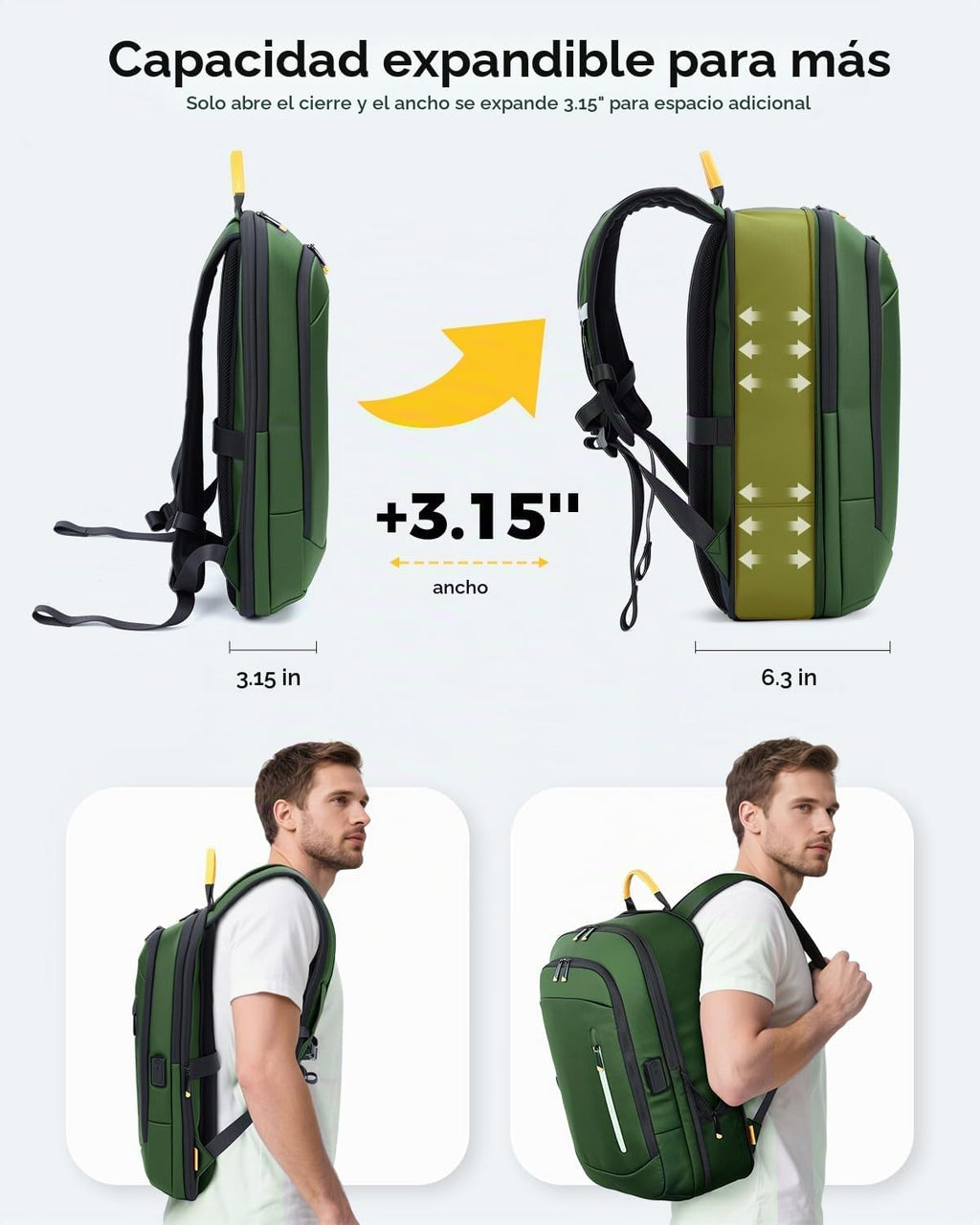 Mochila delgada para laptop para hombre, mochila de viaje de negocios de 15.6 pulgadas con puerto de carga USB, bolsa ligera de computadora de trabajo de 1.5 libras, mochila duradera