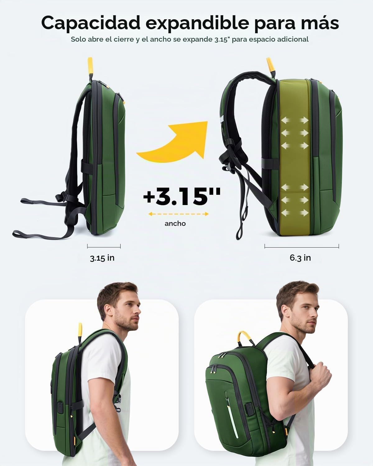 Mochila delgada para laptop para hombre, mochila de viaje de negocios de 15.6 pulgadas con puerto de carga USB, bolsa ligera de computadora de trabajo de 1.5 libras, mochila duradera