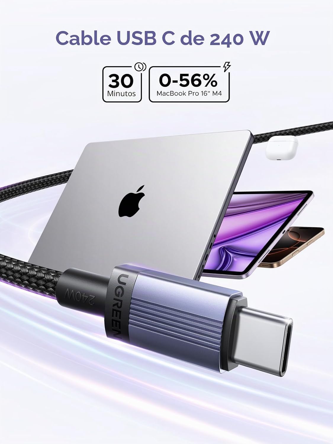 UGREEN Paquete de 2 cables USB C de 240 W, carga rápida para portátiles y