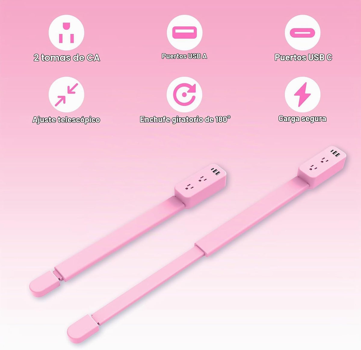 Extensor de toma de corriente eléctrica: cuenta con USB-A, USB-C y 2 salidas de CA, se extiende de 22 a 34 pulgadas, gira tomas de acceso de 180° de difícil acceso, enchufe de pared, mesitas de noche, sofás, escritorios y más
