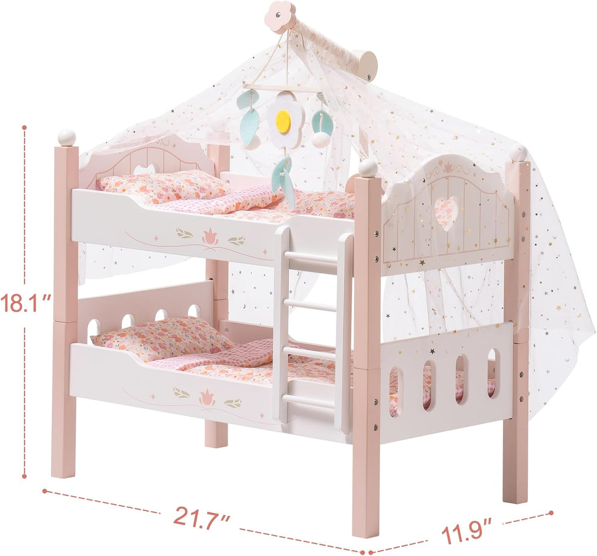 ROBUD Cuna para muñeca bebé, camas de madera para muñecas bebé de 20 pulgadas, literas para muñecas bebé con tul, cama para muñeca American Girl para regalos, rosa