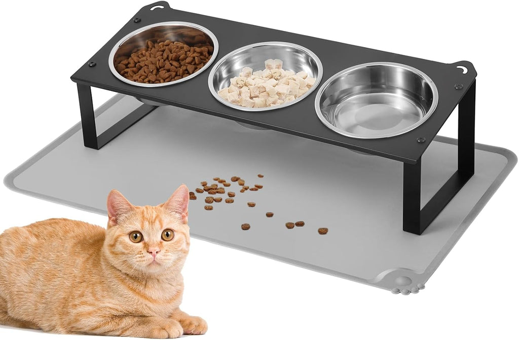 Cuencos Elevados para Gatos con Tapete para Comida, Juego de Cuencos Elevados Antideslizantes Inclinados 10° para Comida y Agua de Gatos, 3 Platos Gruesos de Acero Inoxidable para Mascotas con Lindo