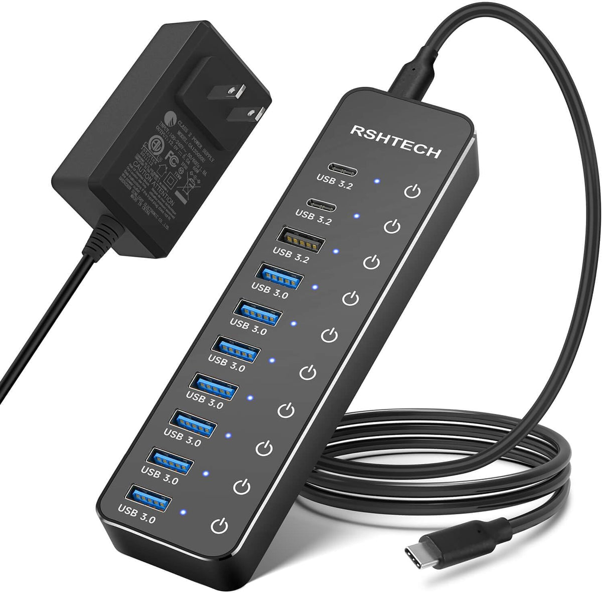 RSHTECH, RSH-ST10C, hub USB 3.2 de 10 puertos, alimentado, adaptador 12V/5A