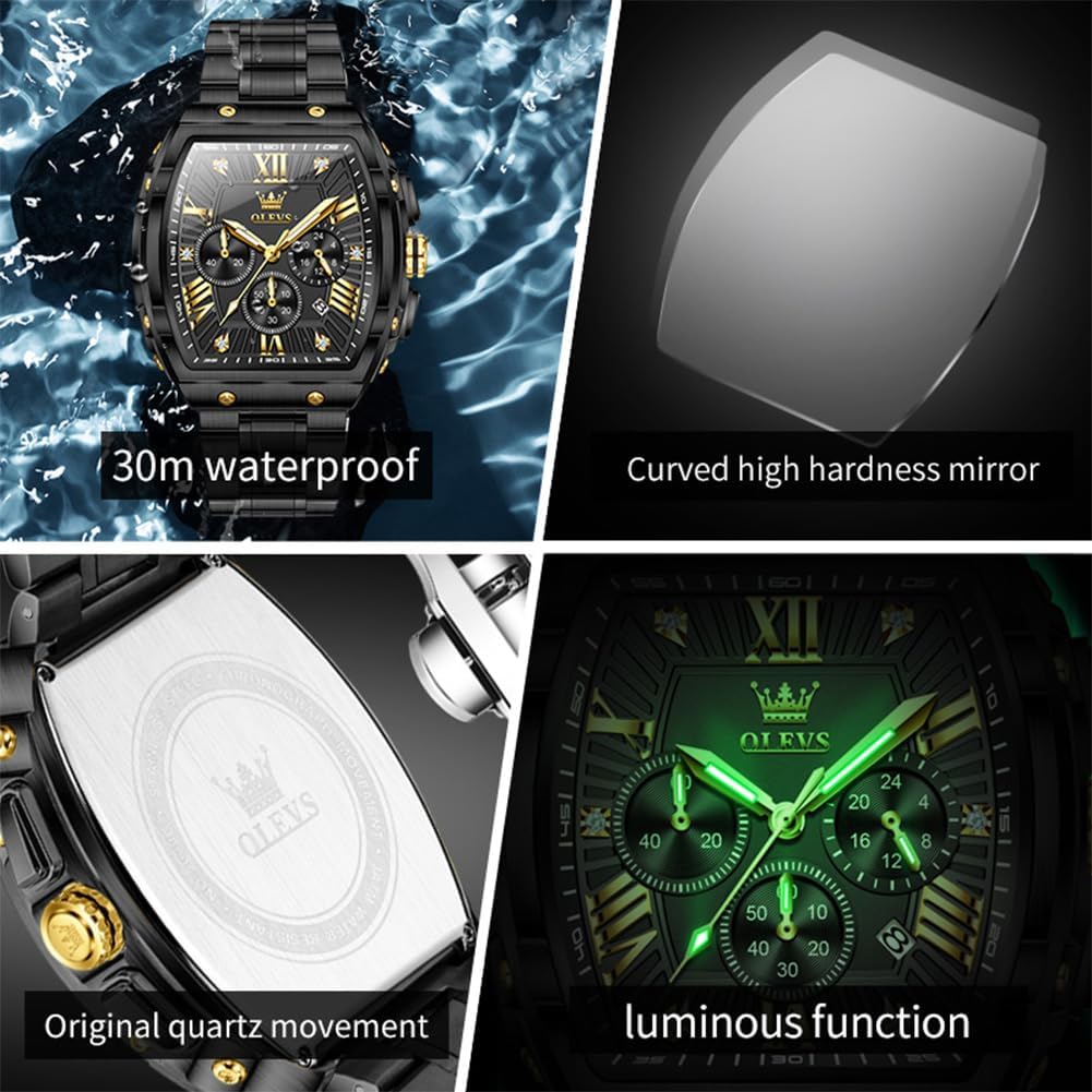 OLEVS Reloj para Hombres Analógico Cuarzo Lujo Diamante Resistente al Agua Cronógrafo Acero Inoxidable Carita Grande Cuadrado Fecha Fase Lunar Romano Relojes de Vestir para Hombres