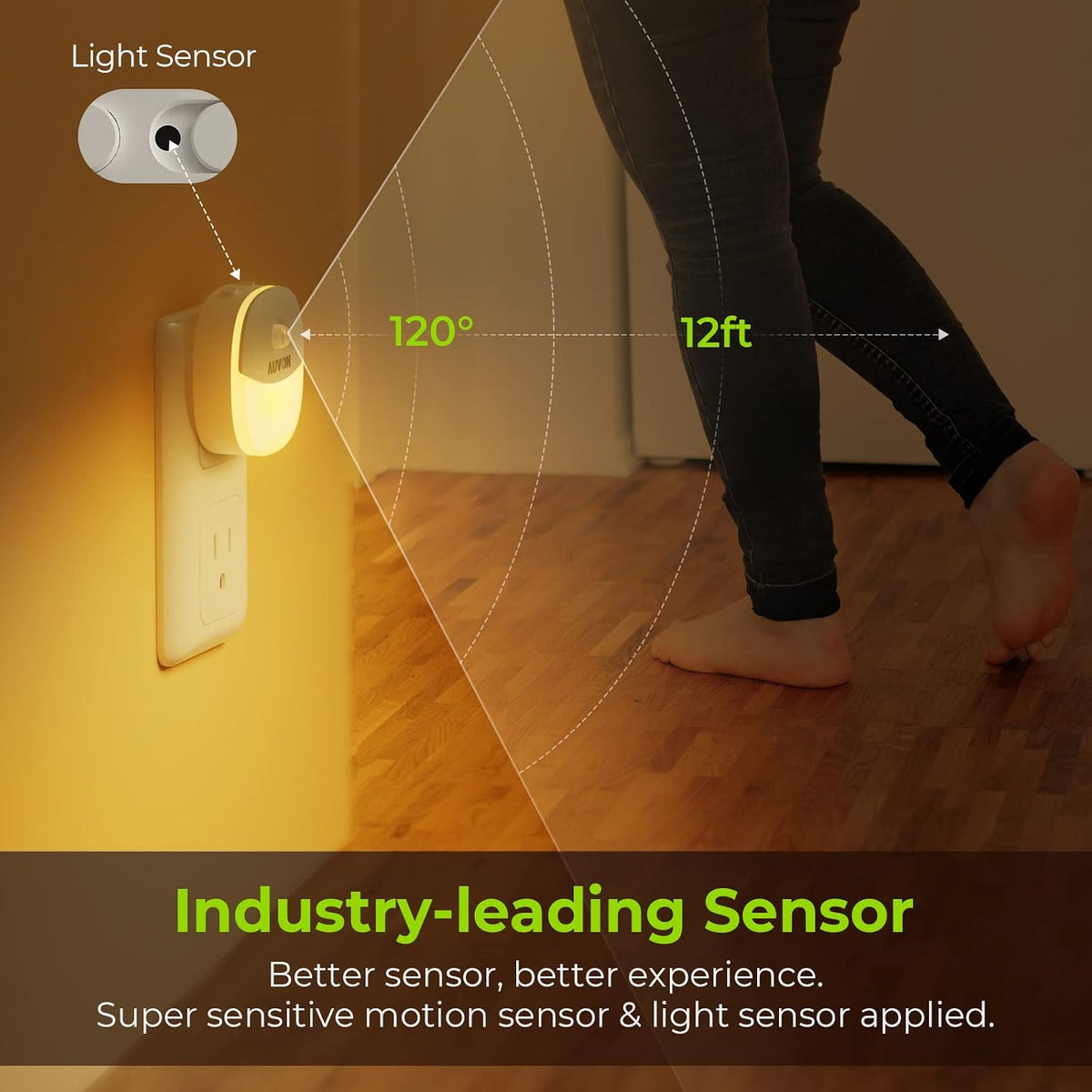 AUVON Luz nocturna enchufable, sensor de movimiento y sensor de atardecer a