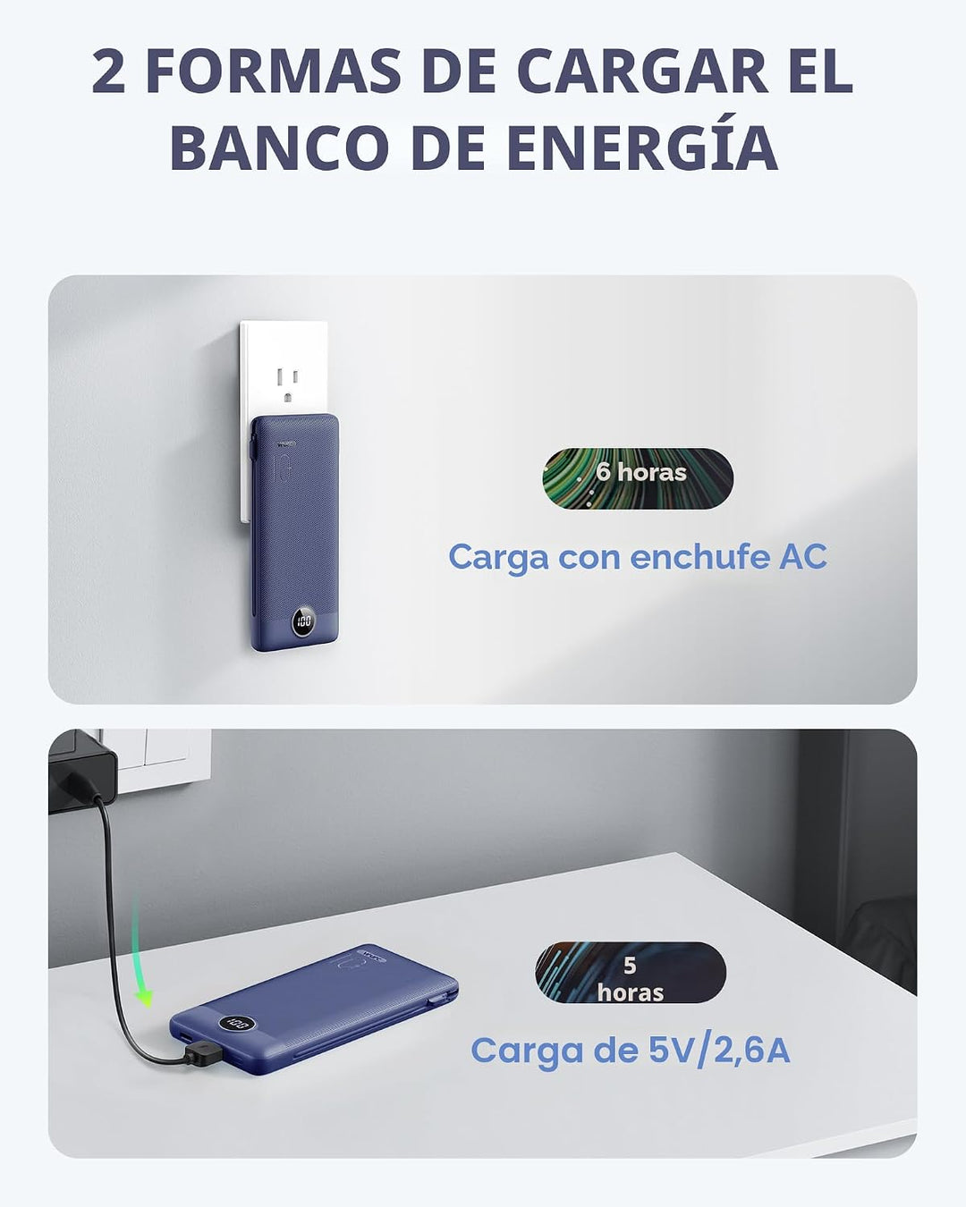 VRURC Cargador portátil con cables integrados y enchufe de pared de...