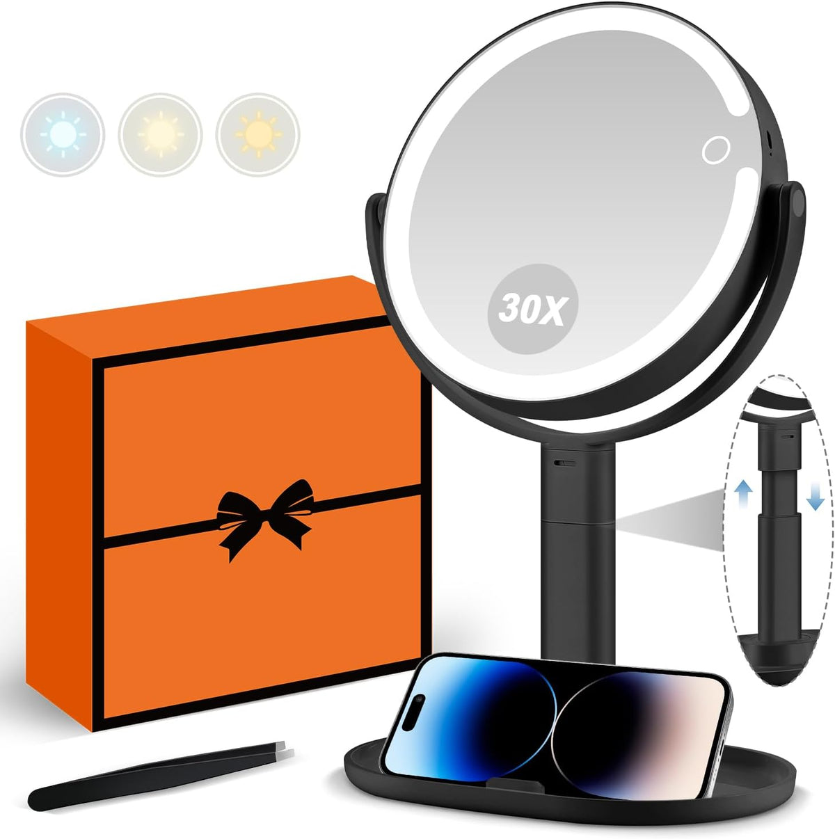 MIYADIVA Espejo de Maquillaje con Luzes, Espejo de 30X con Luz y Interruptor Táctil, Espejo de Volver con 3 Colores de Luz y 80 LEDs, Espejo de Escritorio con Luz Ajustable en Altura, Negro
