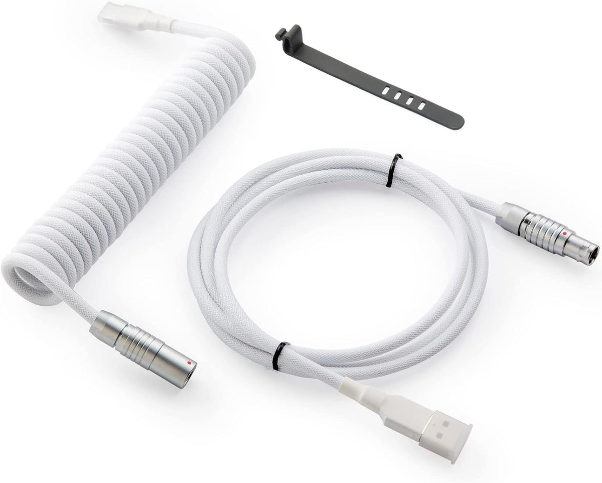 Cable USB C en espiral profesional para teclado de juegos, cable de teclado mecánico de doble manga con aviador de metal desmontable tipo delgado, 1.5M USB-C a USB-A, color blanco