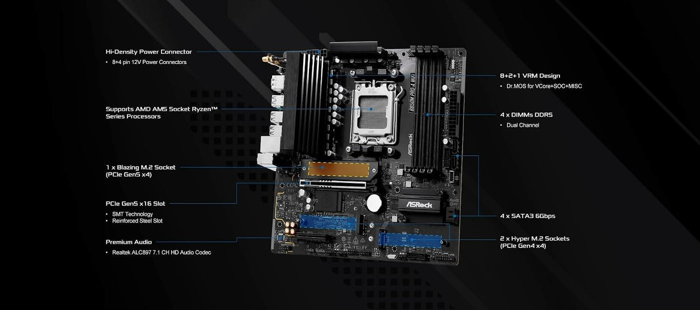 ASRock AMD B850M Pro A WiFi 6E Socket AM5 Ryzen Serie 9000\/8000\/7...