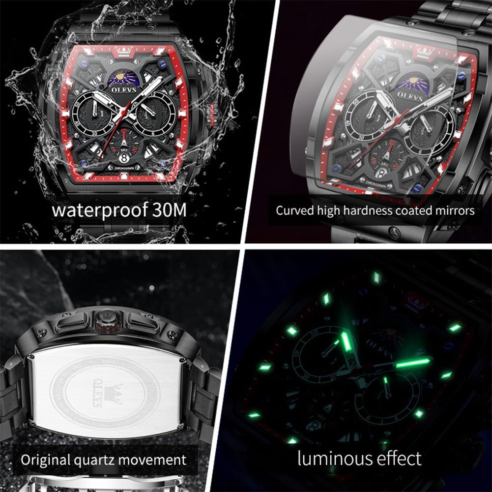 OLEVS Reloj para Hombres Analógico Cuarzo Lujo Diamante Resistente al Agua Cronógrafo Acero Inoxidable Carita Grande Cuadrado Fecha Fase Lunar Romano Relojes de Vestir para Hombres