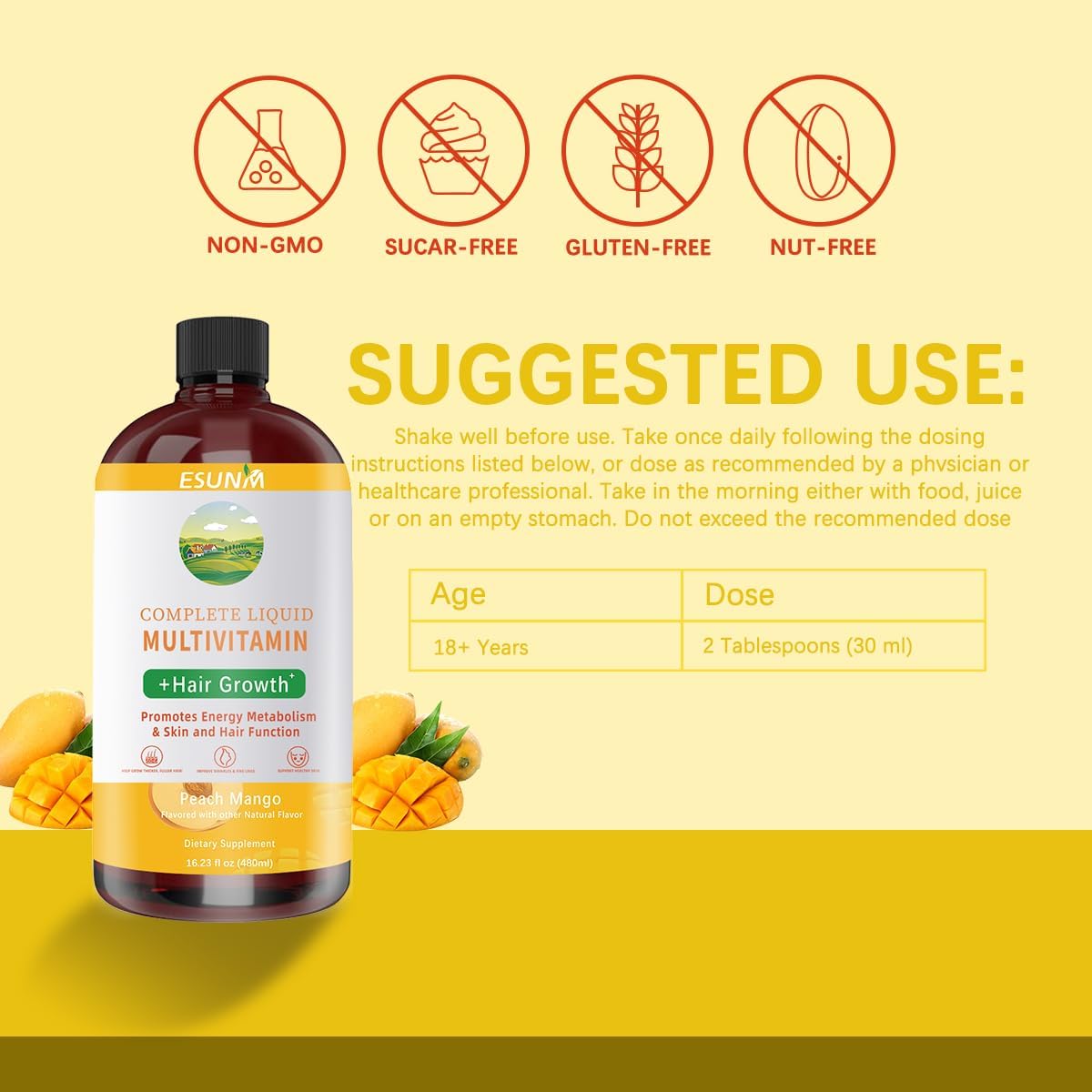 Multivitamínico líquido completo + crecimiento del cabello, promuev...