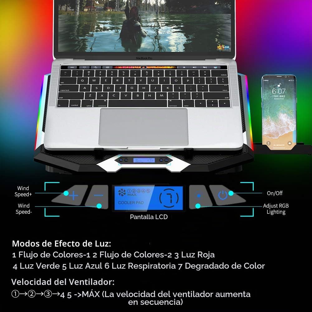 Almohadilla de enfriamiento para laptop de juegos de 15-17.3 pulgadas, ventilador para laptop con 6 ventiladores de enfriamiento RGB, soporte de enfriamiento para laptop con 6 ajustes de