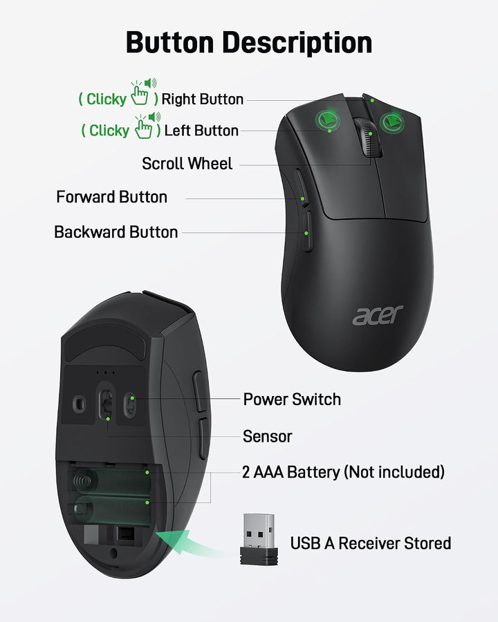 Acer Mouse Inalámbrico, Mouse de Computadora de 1200 DPI para Lapto...