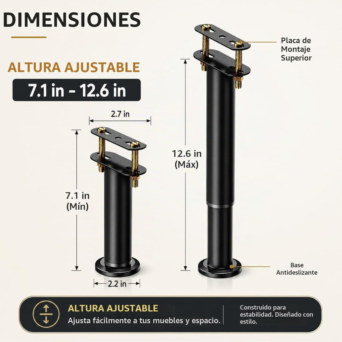 PMV Paquete de 4 patas de soporte de cama ajustables, elevadores de cama de acero al carbono resistentes de 7.08 a 12.6 pulgadas, patas de soporte para marco de cama para listones de madera y marcos