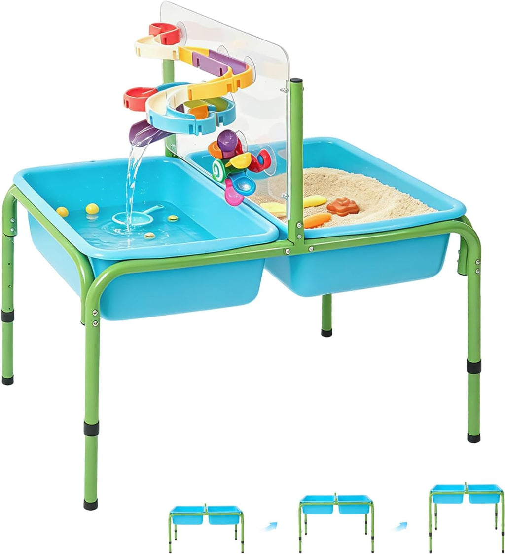 FUNLIO Mesa de agua de arena para niños pequeños, mesa sensorial 4 en 1 de altura ajustable para edades de 3 a 6 años, 2 contenedores de almacenamiento, panel acrílico y 16 accesorios, uso en