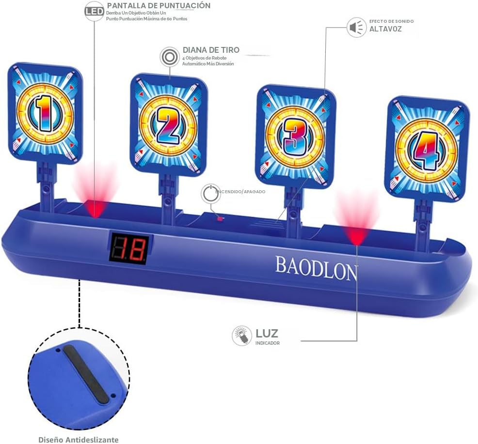 BAODLON Objetivos de disparo digitales con pistola de juguete de dardos de espuma, puntuación electrónica de reinicio automático de 4 objetivos, juguetes de juego de disparos, regalos para niños de 5